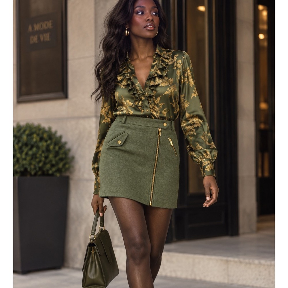 J.Crew Wool Moto Mini Skirt Womens 8 Olive Green Zip Utility Military Fall 2013.